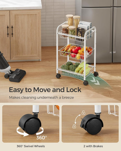 SONGMICS 3-Tier Metal Rolling Cart on Wheels with Baskets, Lockable Utility Trolley with Handles for Kitchen Bathroom Closet, Storage with Removable Shelves, Black UBSC03BK