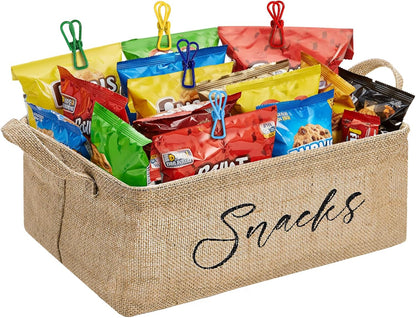DEAYOU 2 Pack Snack Organizer for Pantry, Burlap Snack Storage Bins with 30 Pcs Bag Clips, Foldable Basket Containers with Handle for Countertop, Kitchen, Office, Chips, Popcorn, Candy, Pretzels