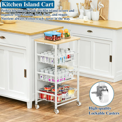 OKZEST 4-Tier Kitchen Storage Cart on Wheels – Mobile Fruit Basket Stand with Drawers & Wooden Top, Small Rolling Pantry Shelf for Potatoes, Onions, Bottled Drinks, Cans, Snacks – Includes 3 PE Liners