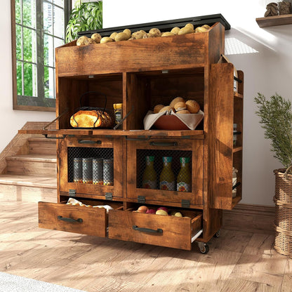 Verano Garden Potato and Onion Storage Bin on Wheels, Wood Bread Box with Lid & Mesh Doors, 4-Tier Rolling Fruit and Vegetable Storage Organizer w/Drawer & Side Rack for Kitchen (Rustic Brown, 16.0")