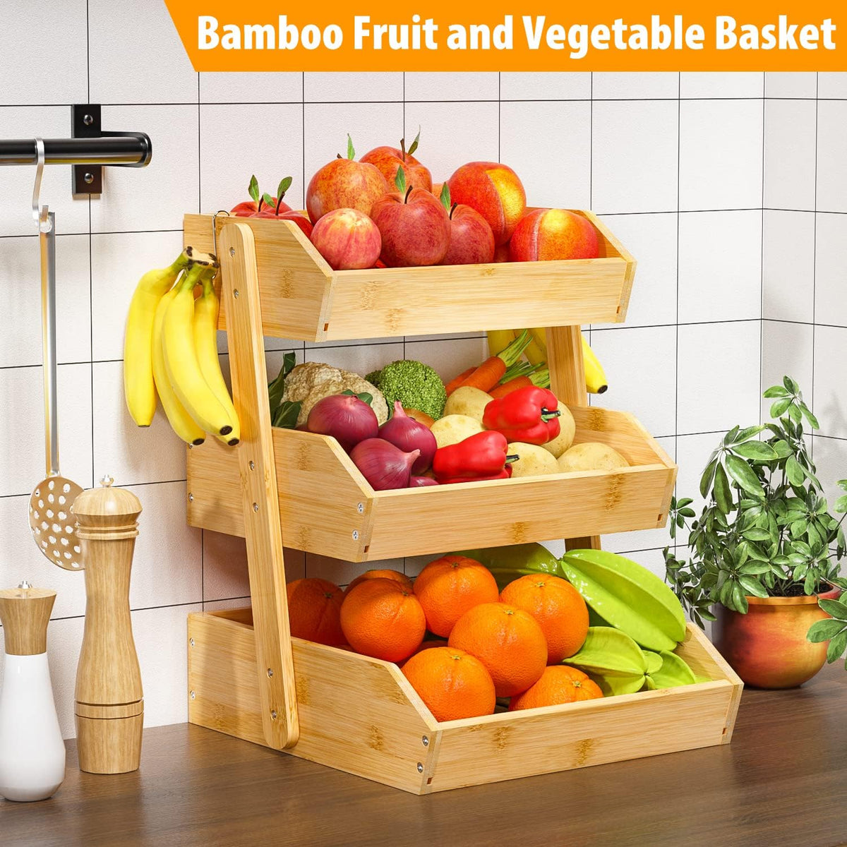 Gmtsl Bamboo Fruit Basket for Kitchen – 3 Tier Fruit Bowl For Kitchen Counter, Large Fruit Holder With 2 Banana Hangers, Idea For Fruit and Vegetable Storage, Bread Basket, Snack Organizer(BLACK)