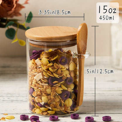 Glass Sugar Container with Spoon - 15oz Glass Jars with Bamboo Lid and Spoon, Bamboo Lid Storage Jar Canister for Coffee Beans, Spice, Brown Sugar, Tea, Flour, Nuts, Candy, Salts and More