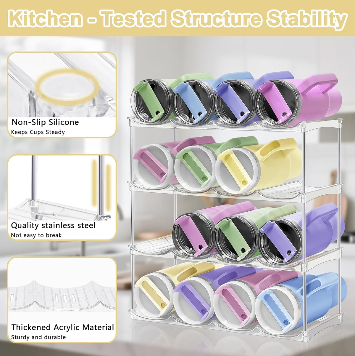 Stackable Water Bottle Organizer for Cabinet - Acrylic Tumbler Organizer Storage Rack for Stanley 40oz, Stanley Cup Holder, Pantry Kitchen Organizers and Storage for Stanley Cup, Holds 12 Bottles