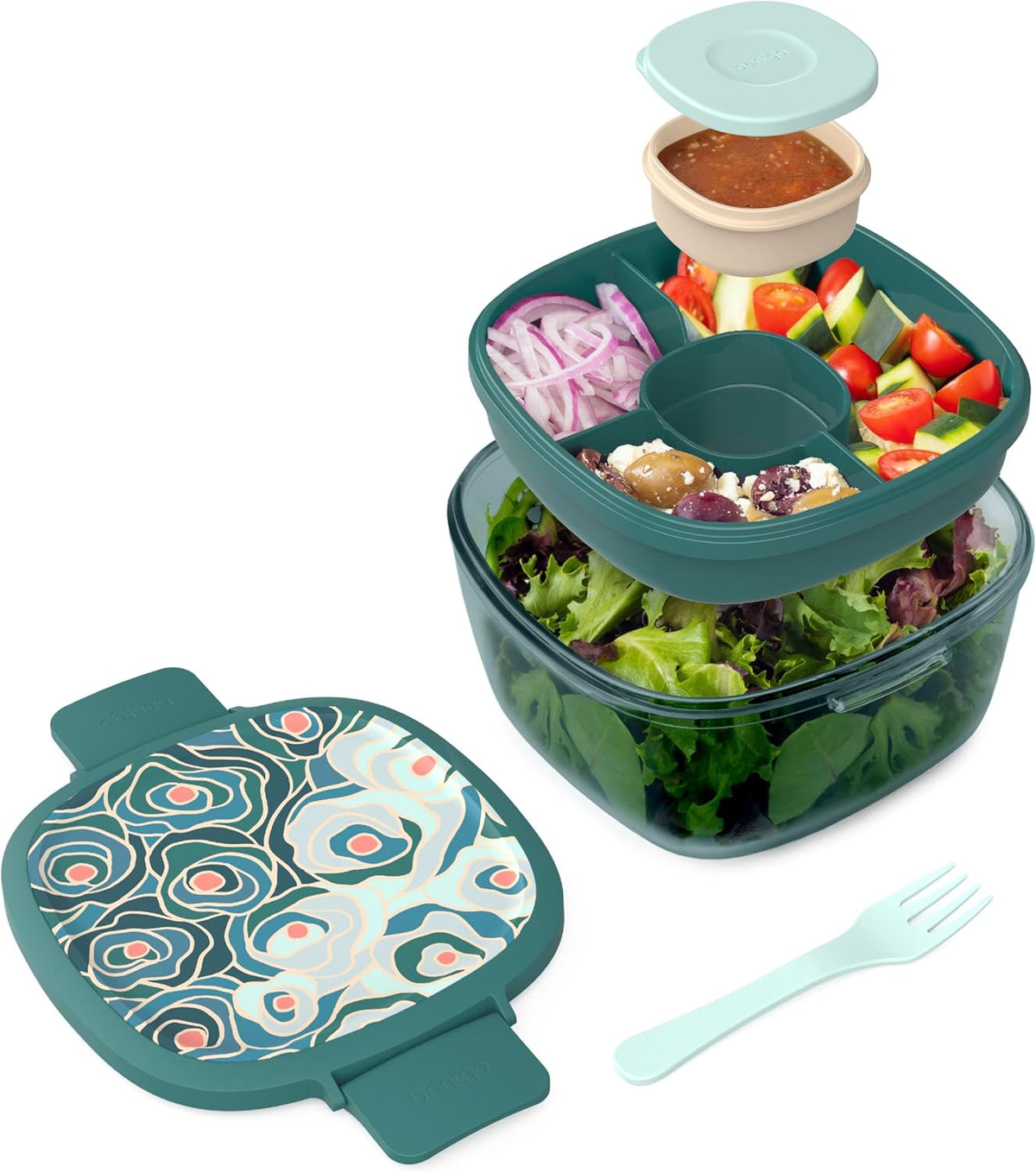 Bentgo Glass Prints Salad Container - 7.6-Cup Tinted Glass Salad Bowl with Airtight Lid, Leak-Proof Sauce Container, 4-Compartment Bento Meal Prep Tray & Reusable Fork (Floral Maximalist - Sea)