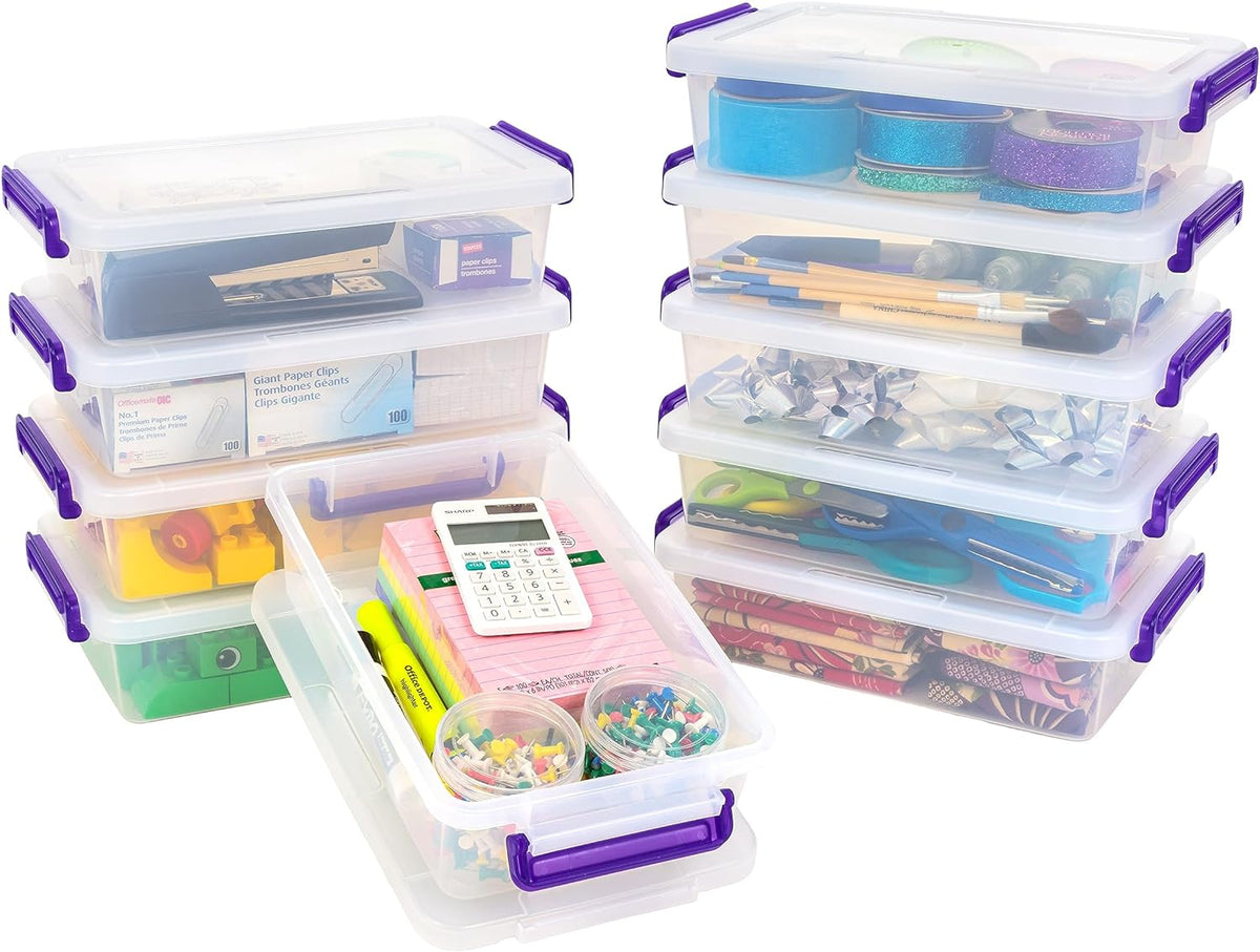 IRIS USA 6 Qt. Plastic Craft Storage Container Bins with Lids, Small Art & Office Supply Organizer Tote, Sensory Bins & Boxes for Home & University, Stackable, Secure Latch Buckles, Clear