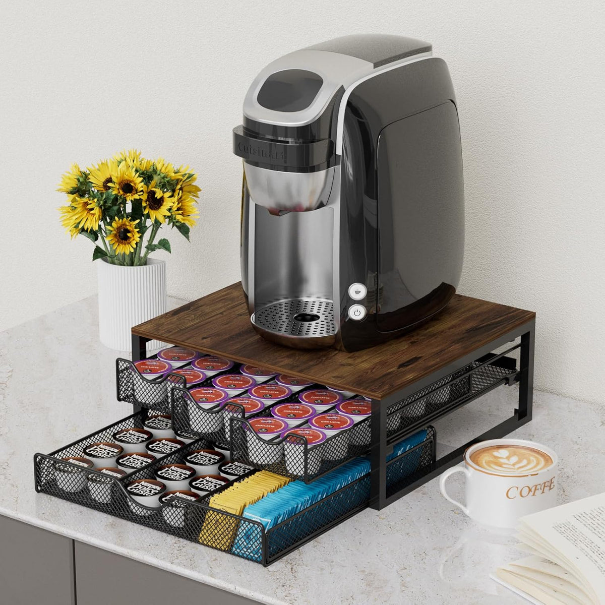 Coffee Pod Holder For Counter, 3 Pull-Out 72 K-Cup Holder Drawer, Wooden Cafe Pods Storage Organizer with Sliding Drawers for Coffee Station, Home, Kitchen, Office, Dorm (Black)