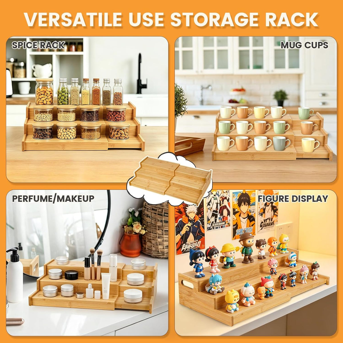 Expandable Bamboo Can Rack Organizer, 3 Tier Canned Food Storage Holder for Pantry, Adjustable Pantry Soda Can Organizer Shelf for Kitchen Spice, Countertop, Cat Food, Cabinet Storage Hold for 24 Cans