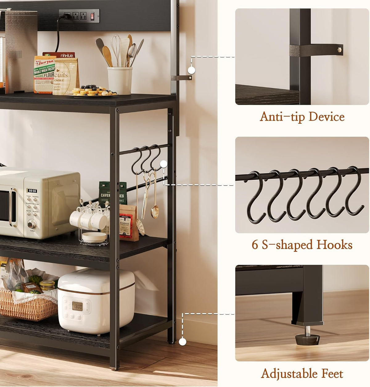 SUPERJARE Kitchen Bakers Rack with Power Outlet, Coffee Bar Table 4 Tiers, Kitchen Microwave Stand with 6 S-shaped Hooks, Storage Shelf Rack for Spices, Pots and Pans - Rustic Brown