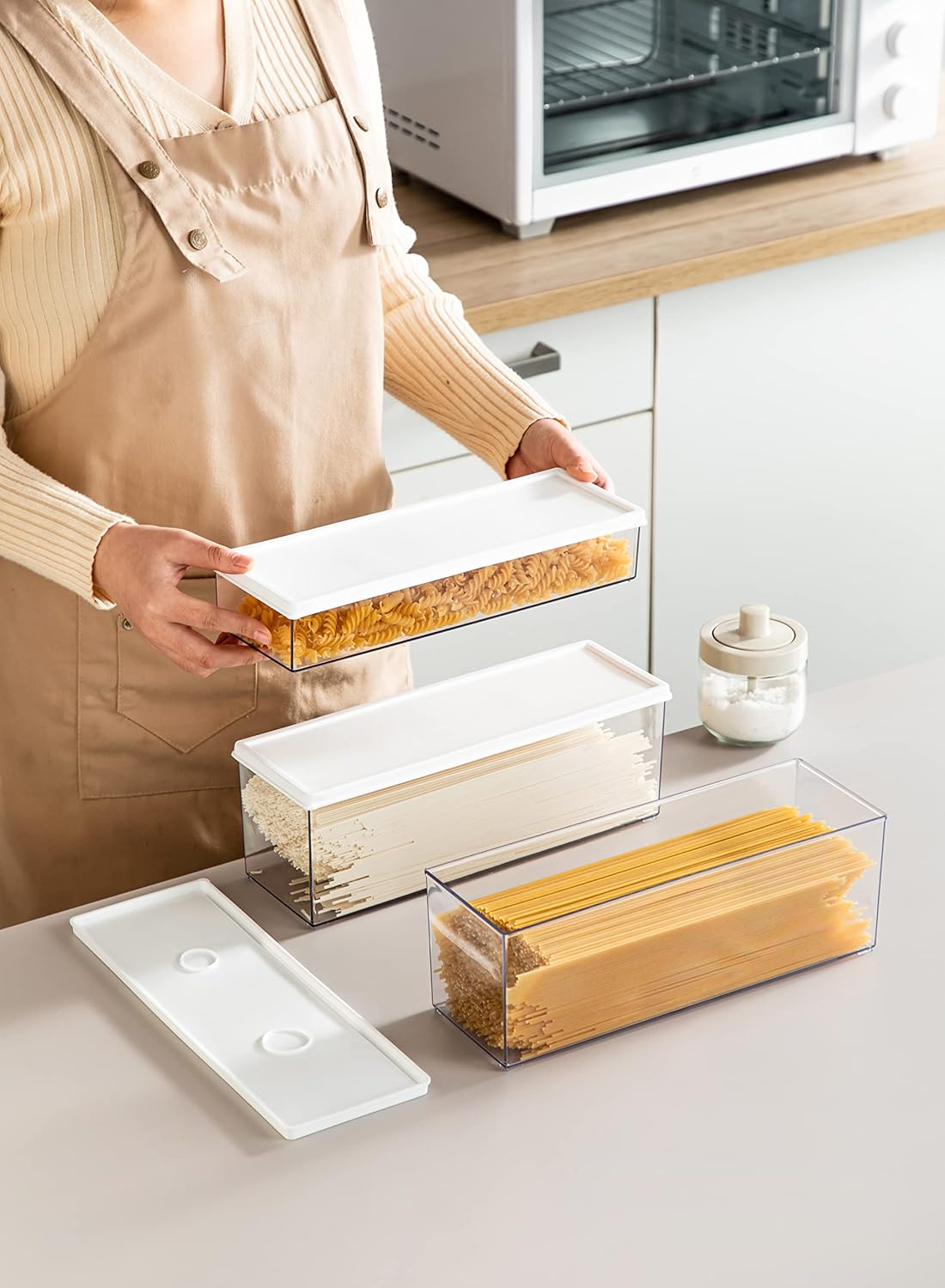 Hanobe Pasta Containers for Pantry Large Spaghetti & Noodle & Lasagna Canister 3 Pcs Clear Grey Rectangular Canister with Lock Lids Durable BPA-free Plastic Food Keeper for Kitchen Cabinet