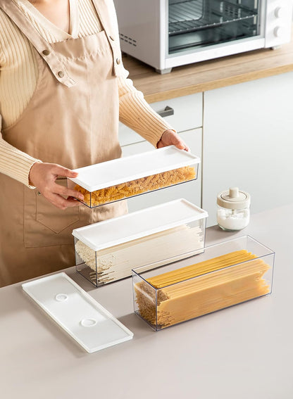 Hanobe Pasta Containers for Pantry Large Spaghetti & Noodle & Lasagna Canister 3 Pcs Clear Grey Rectangular Canister with Lock Lids Durable BPA-free Plastic Food Keeper for Kitchen Cabinet