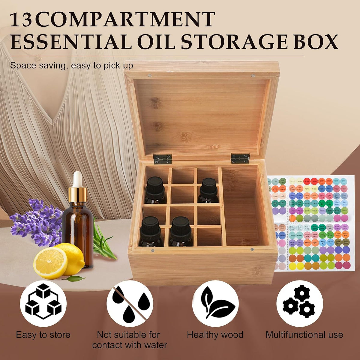 Pure Vie Essential Oil Bamboo Storage Box Travel Display Presentation, Holds 26 Bottles for 5, 10, 15ml - Aromatherapy Organizer Nail Polish Fragrance Container - Keep Your Oils Safe & Space Saver