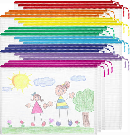 YOPCDJ 24pcs Mesh Zipper Pouch File Bags Puzzle Storage Bags, A3 17x12 Inches Large Reusable Zipper Pouches for Organizing Classroom Board Game Organization