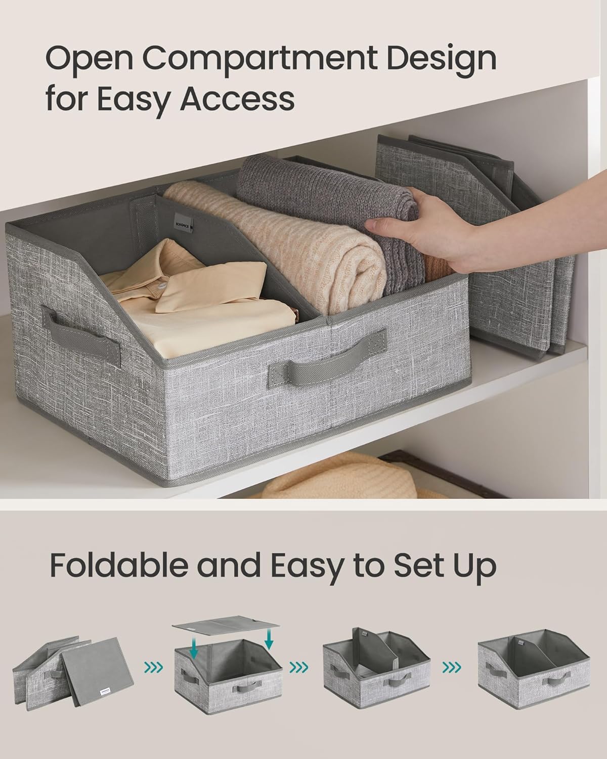SONGMICS Set of 6 Storage Baskets, Foldable Storage Bins, Fabric Boxes, 15.7 x 11.8 x 7.9 Inches, Closet Storage Organizers, 3 Handles, for Bedroom, Living Room, Summer Sand URFB0140K01