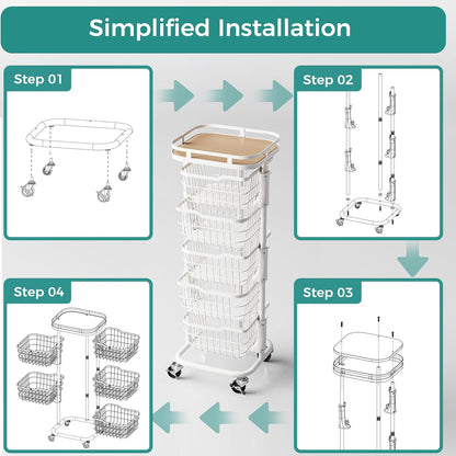 5 Tier Kitchen Fruit Vegetable Storage Cart with One-Piece Rotating Basket, Pantry Organizer Shelf Rack Floor Stand for Veggie Onion Potato Produce Spice, Rolling Snack Cart on Wheels, Black