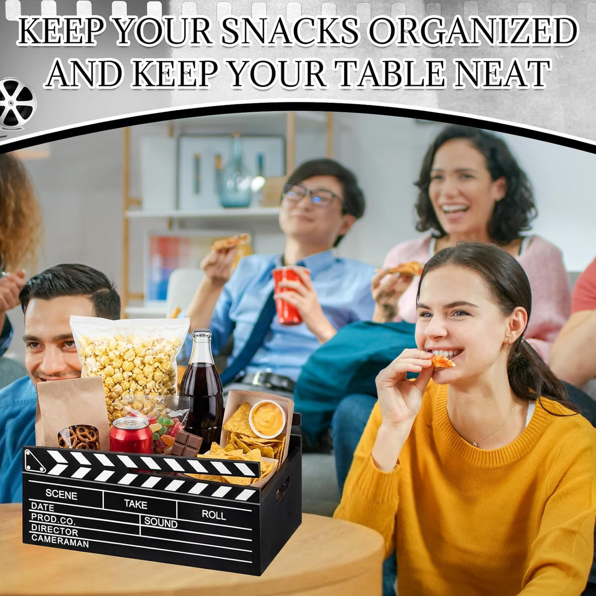 Movie Night Supplies Snack Trays with Handles Reusable Wooden Movie Gift Basket for Theater Popcorn Bucket Bowl Box Container Family Room Decor(Classic Style)
