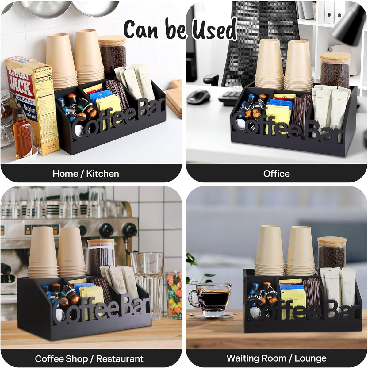 Coffee Bar Organizer for Countertop – Wooden Coffee Caddy with Compartments for Pods, Sugar Packets, and Accessories – Coffee Condiment Station Storage for Home and Office (Black)