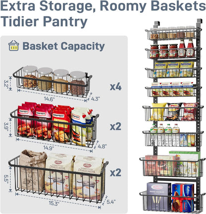 Over The Door Pantry Organizer, 8-Tier Over The Door Organizer with Adjustable Baskets, Metal Hanging Spice Rack for Pantry Organizers and Storage, Suitable for Kitchen Laundry Room & Bathroom, White