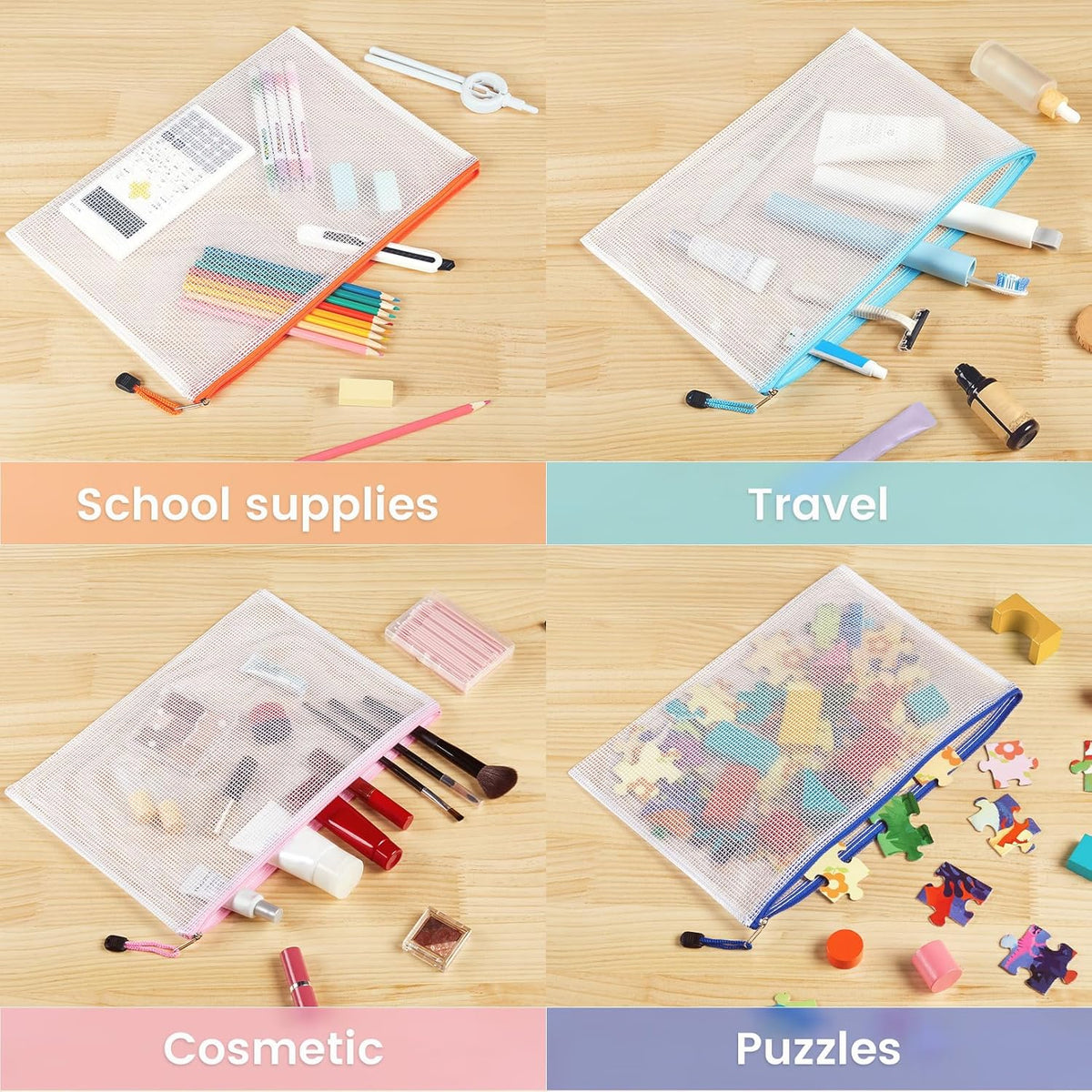 Sooez Mesh Zipper Pouch with Sticky Labels, A4 Mesh Bags, Sturdy Letter Size File Folders Organizer, Office School Classroom Teacher Supplies, Toy Storage Bag Board Game Puzzles Organization