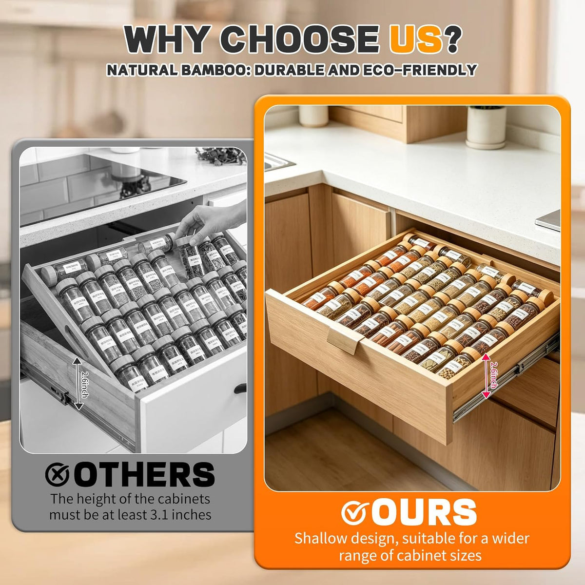 Bamboo Spice Drawer Organizer Expandable(Need 2.6" Deep Drawer), 4-Tier Spice Rack Drawer Insert for Kitchen Cabinets(From 12" to 21.9" Wide), Adjustable Seasoning Storage Insert (Jars Not Included)