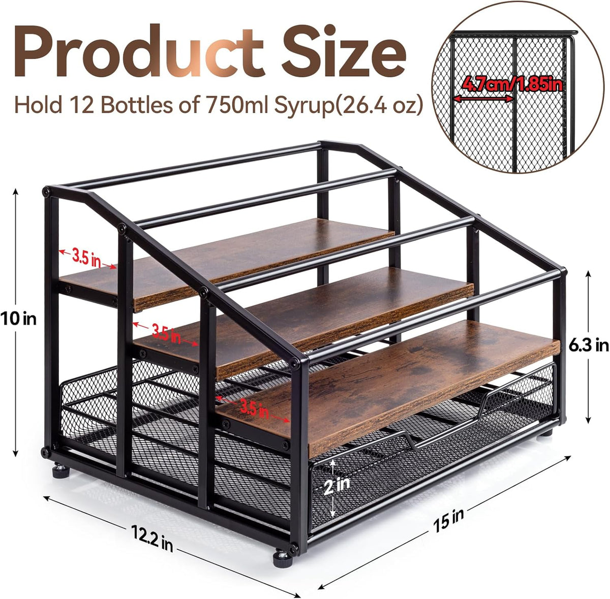 kimilus Coffee Syrup Rack Organizer, 4-Tier 12 Bottle Syrup Rack with 35 K Cup Drawer for Coffee Bar, Countertop Bottle Holder Stand for Dressing for Kitchen Cafe Station