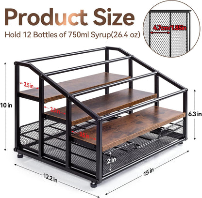 kimilus Coffee Syrup Rack Organizer, 4-Tier 12 Bottle Syrup Rack with 35 K Cup Drawer for Coffee Bar, Countertop Bottle Holder Stand for Dressing for Kitchen Cafe Station
