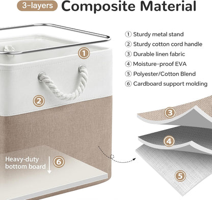 Large Storage Baskets- 15.7x11.8x8.26 inch Storage Bins for Shelves and Closet Organizing, Foldable Fabric Bin for Home Organization Clothes and Laundry (3-Pack, White&Khaki)