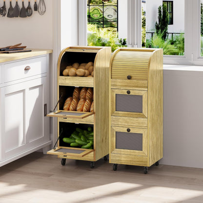 Movable Potato and Onion Storage Box with Wheels,Wooden Vegetable Storage Box,Food Storage Room with Grocery Area,Sliding Design,Modern Farmhouse Style，Suitable for Kitchen (potato bin-Walnut-02)
