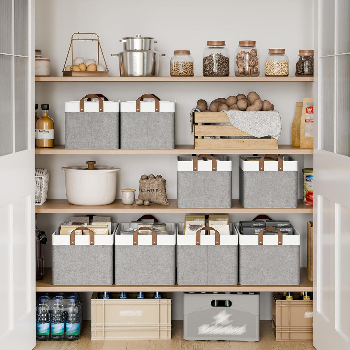 StorageWorks Storage Bins, Shelves Baskets for Organizing, Fabric Closet Organizers with Handles, Metal Frame, Beige-Cotton-linen, 2-Pack