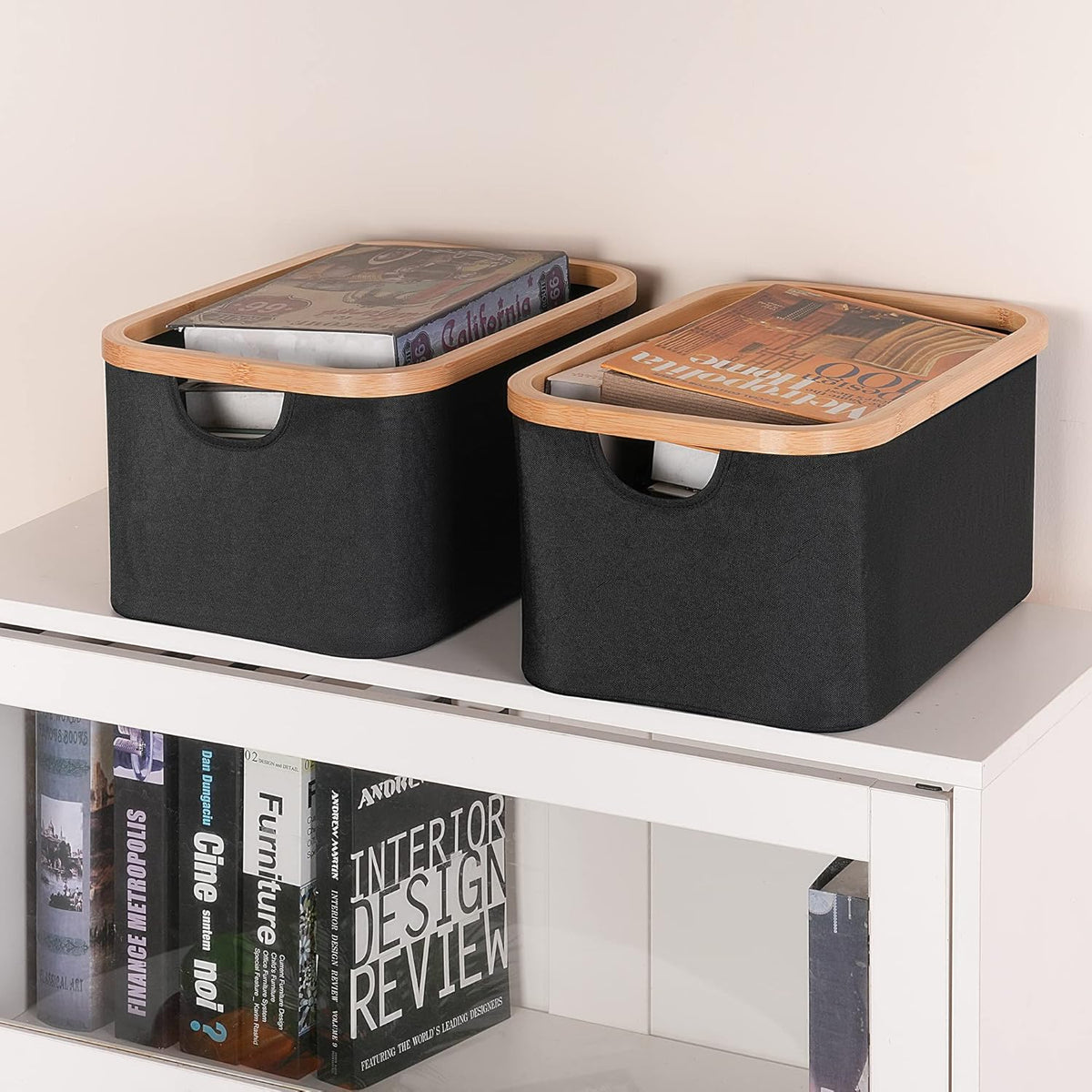 efluky Storage Baskets for Organizing, Fabric Storage Bins with Bamboo Handles, Collapsible Storage Baskets for Shelves and Closet (Black, 16.2'' x 13'' x 9.1'')