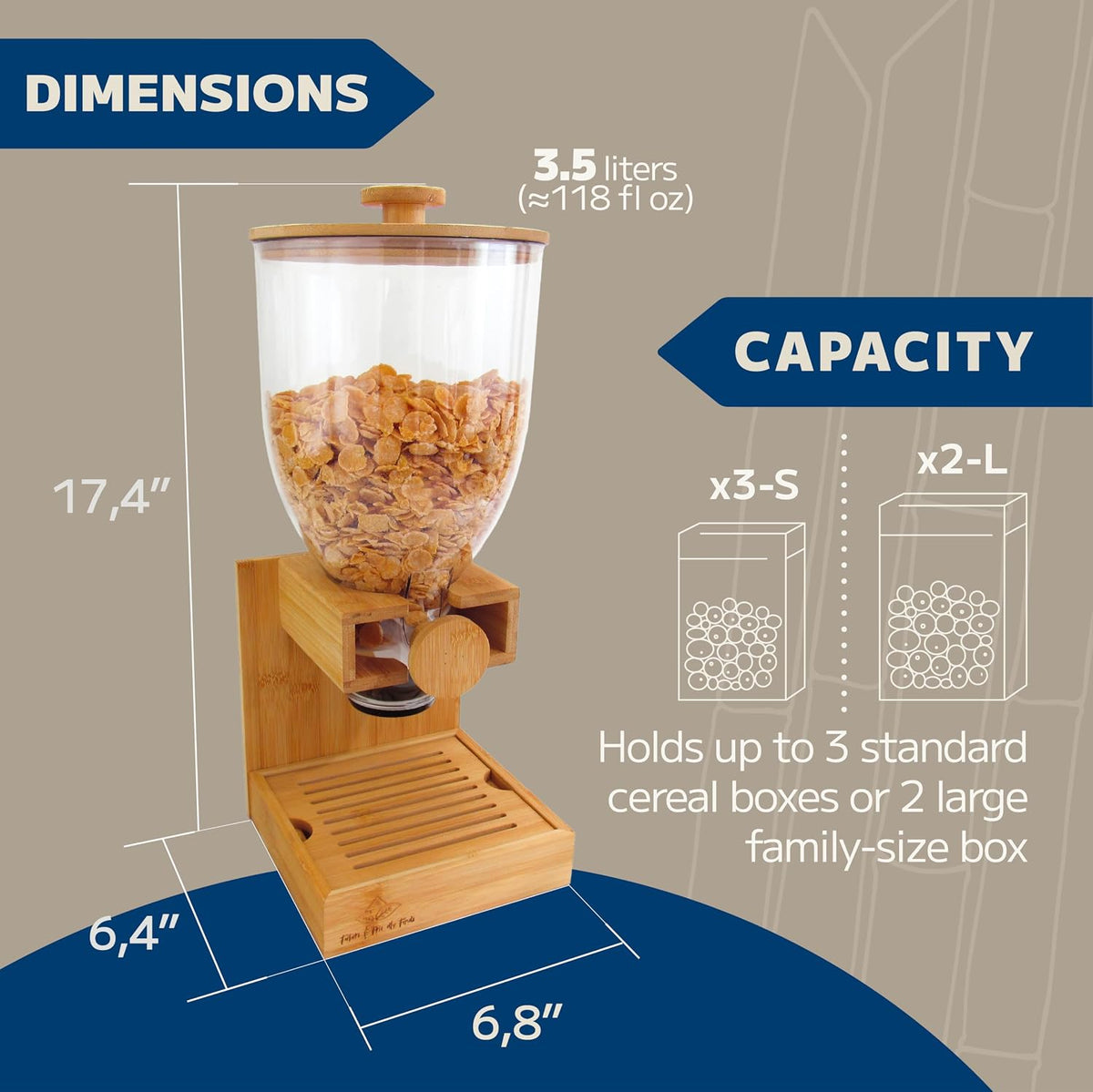 Bamboo Dispenser 3.5Liters (118 fl Oz) , Cereal Dispenser, Storage Container, Snack Bar Station, Dry Food Dispenser, Cereal Dispenser Countertop, House Essentials