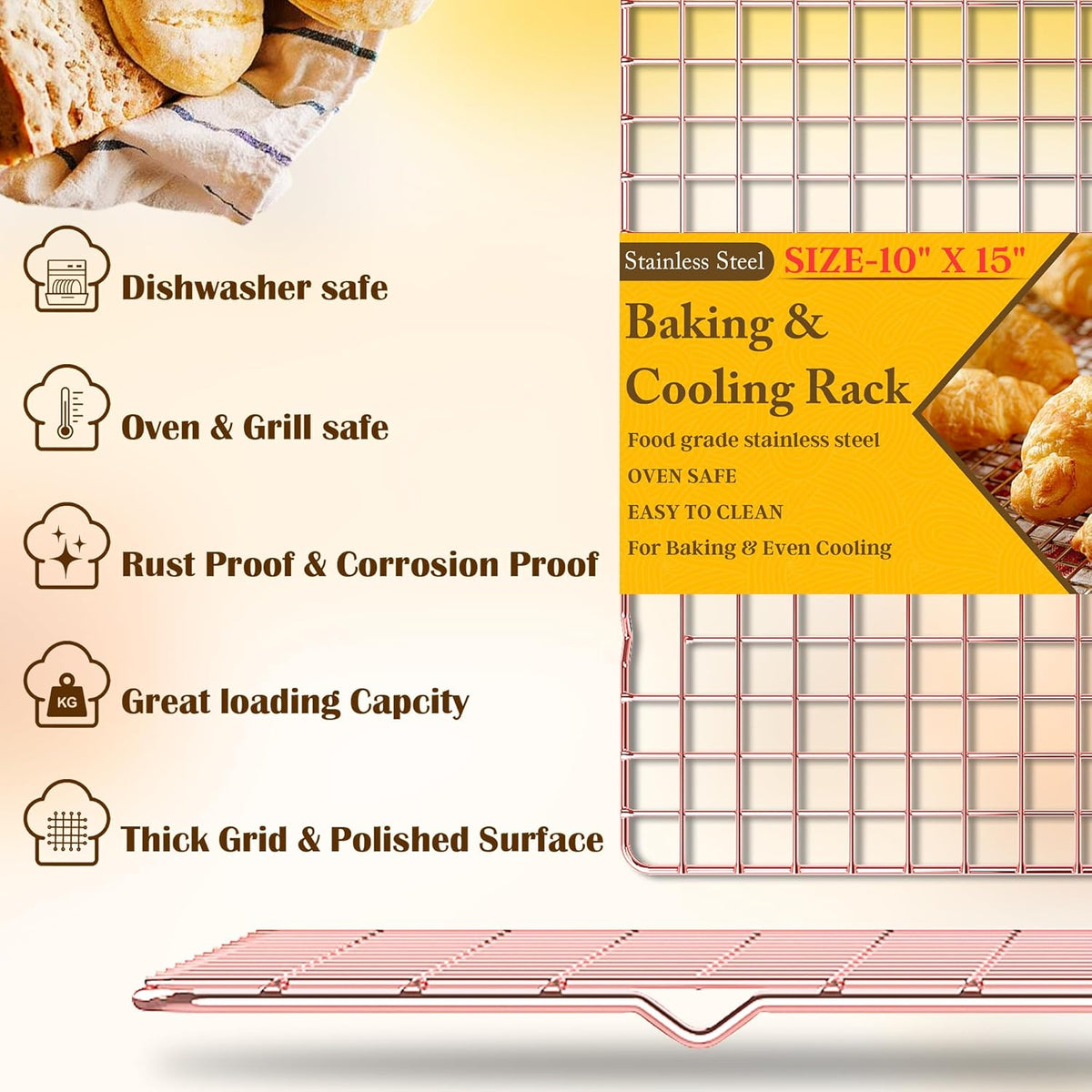 2PCS Cooling Racks for Cooking and Baking - 10" x 15"Heavy Duty Stainless Steel Wire Rack for Baking, Grilling, Roasting - Oven & Dishwasher Safe - Fits Jelly Roll Sheet Pan-Silver