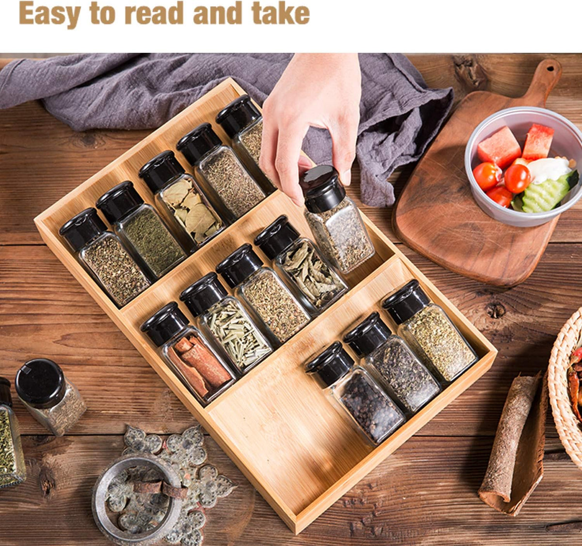 3-Tier Bamboo Drawer Spice Rack Wooden Kitchen Cabinet Spice Organizer Spice Jar Holder, Medicine/Health Care/Vitamin Bottles Storage Rack (Pre-Measure Drawer Dimensions), Drawer Rack