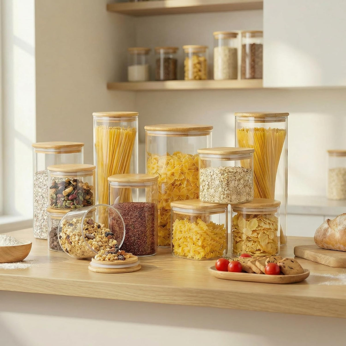 Extra Large Square Glass Flour & Sugar Storage Containers with Airtight Lids, 168 floz - Glass Jars with Bamboo Lids for Pantry, Air tight Food Storage Containers for Cereal, Pasta, Rice