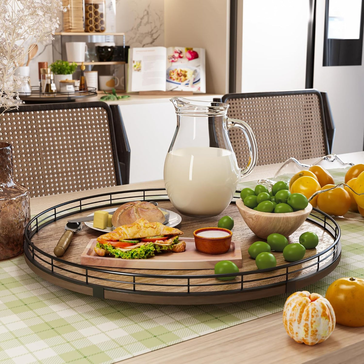 Acacia Wood 13" Lazy Susan Turntable Organizer for Table Top, Farmhouse Round Wooden Lazy Susan for Cabinet Kitchen Centerpieces Coffee Table, for Condiments Spices, Bathroom Vanity Tray Decor