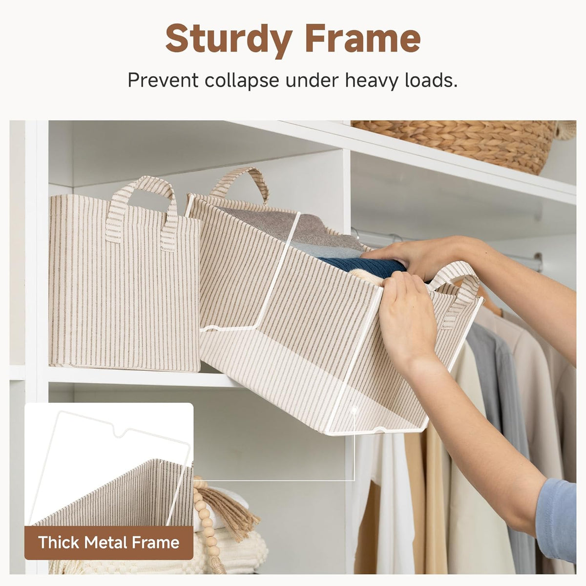 StorageWorks Storage Bins, Shelves Baskets for Organizing, Fabric Closet Organizers with Handles, Metal Frame, Beige-Cotton-linen, 2-Pack