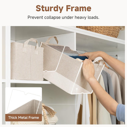 StorageWorks Storage Bins, Shelves Baskets for Organizing, Fabric Closet Organizers with Handles, Metal Frame, Beige-Cotton-linen, 2-Pack