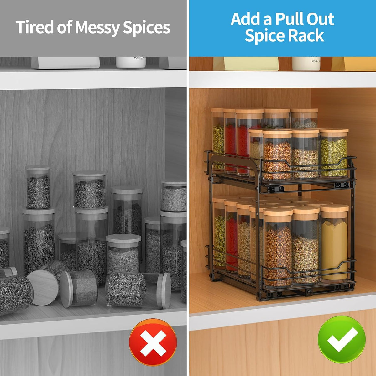 BOIVSHI 2-Tier Spice Rack, Pull Out Cabinet Organizer Spice Racks Height Adjustable Heavy Duty Metal Basket for Inside Cabinets & Pantry Closet(9.5''Wx10.5''Dx9.5''H)