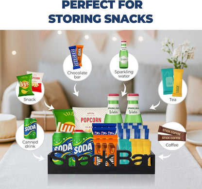 Snack Bar Organizer – Black 5 Compartment Station, Countertop Pantry Organizer for Kitchen, Office Food Holder, Candy Storage Bin, Display Stand, Cabinet Tray & Shelf