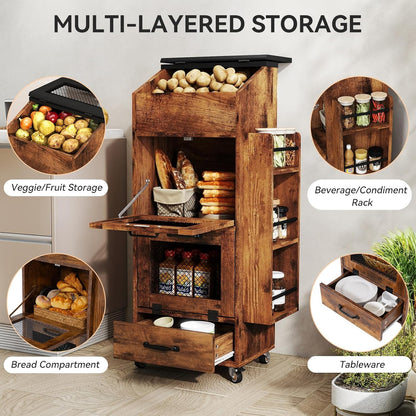 Verano Garden Potato and Onion Storage Bin on Wheels, Wood Bread Box with Lid & Mesh Doors, 4-Tier Rolling Fruit and Vegetable Storage Organizer w/Drawer & Side Rack for Kitchen (Rustic Brown, 16.0")