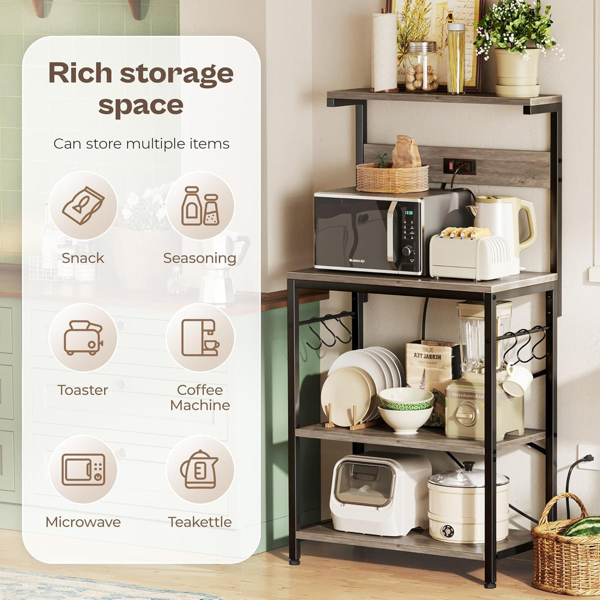 SUPERJARE Kitchen Bakers Rack with Power Outlet, Coffee Bar Table 4 Tiers, Kitchen Microwave Stand with 6 S-shaped Hooks, Storage Shelf Rack for Spices, Pots and Pans - Rustic Brown