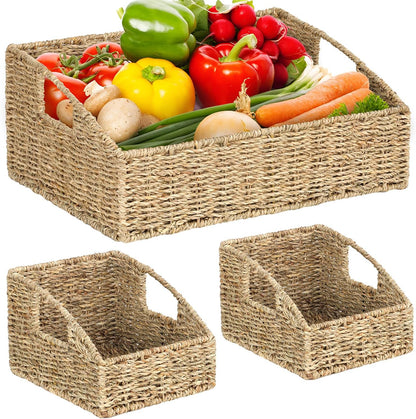 Set of 3 Handwoven Storage Baskets – Decorative Natural Wicker Organizer Bins with Built-in Handles for Bathroom, Kitchen, Pantry, Nursery, Closet, Laundry, Living Room, and Home Use