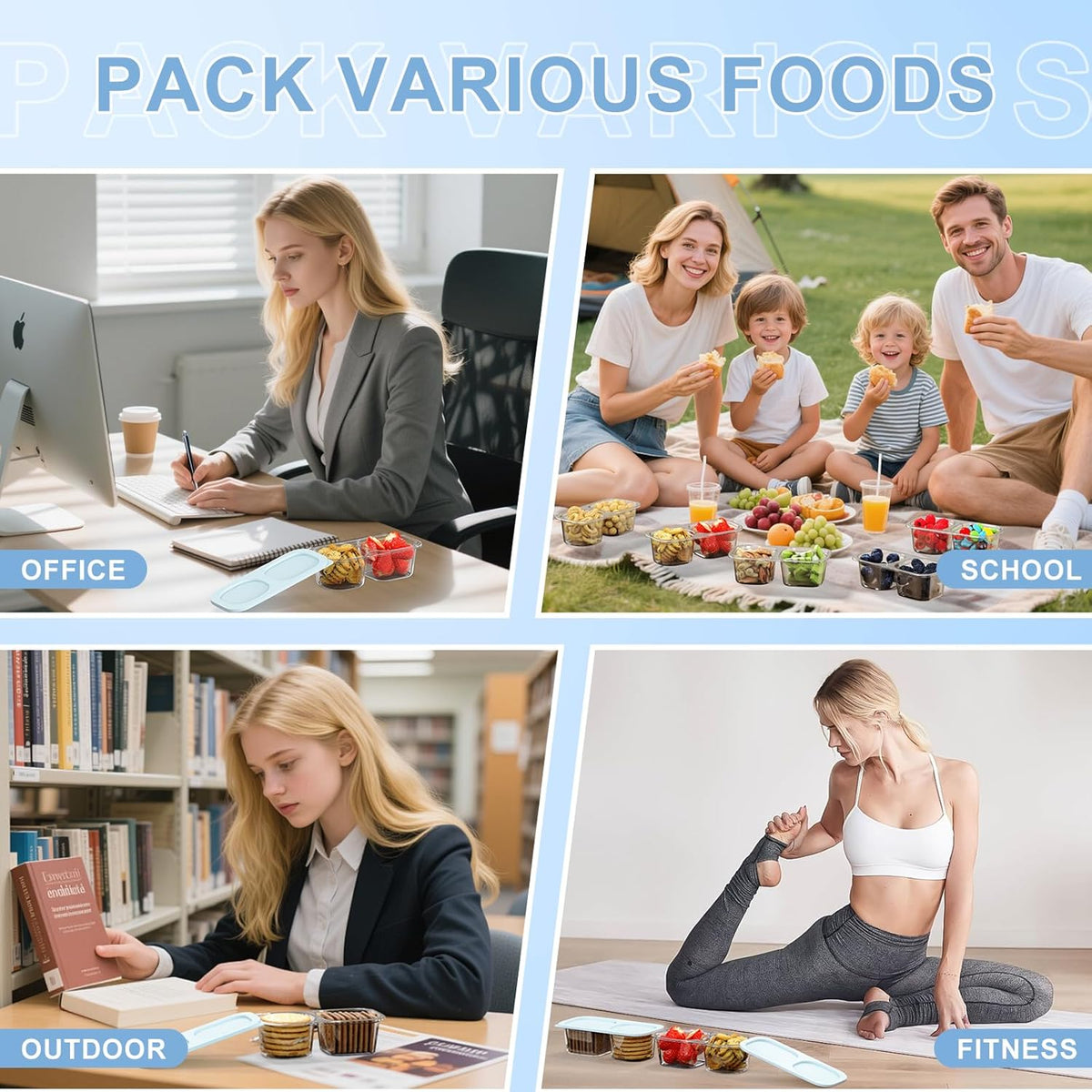 Snack Pack Containers for Kids, Reusable Snack Containers with Lids, 2 Compartment Small Bento Snack Box, BPA-Free, Lunchbox Accessories for Travel