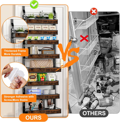 8 Tier Over The Door Pantry Orangizer 2 IN 1 Wall Mounted or Hanging Spice Rack with Adjustable Wood Basket,Heavy Duty Seasoning Storage Shelf for Kitchen Pantry and Bathroom