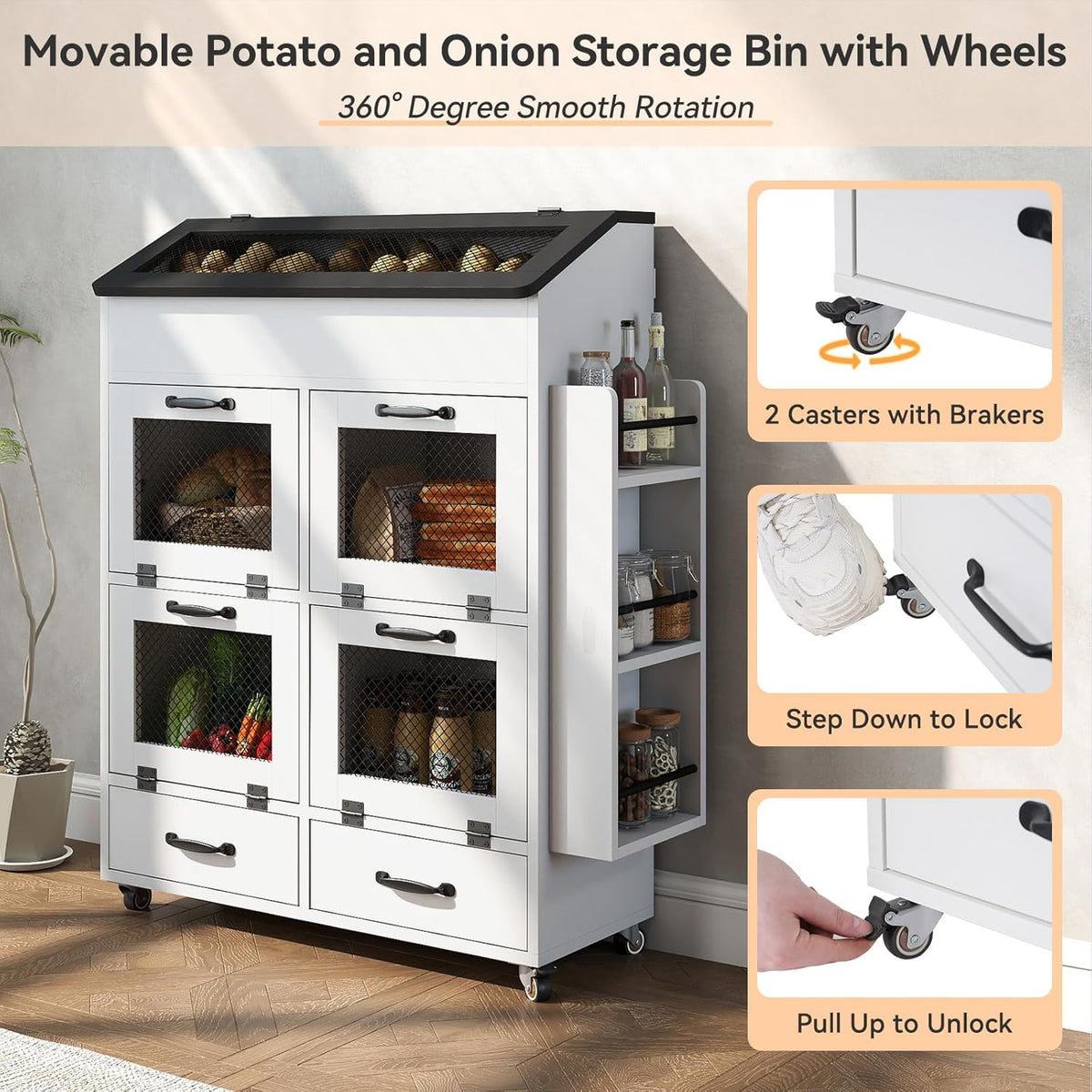 Verano Garden Potato and Onion Storage Bin on Wheels, Wood Bread Box with Lid & Mesh Doors, 4-Tier Rolling Fruit and Vegetable Storage Organizer w/Drawer & Side Rack for Kitchen (Rustic Brown, 16.0")