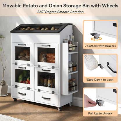 Verano Garden Potato and Onion Storage Bin on Wheels, Wood Bread Box with Lid & Mesh Doors, 4-Tier Rolling Fruit and Vegetable Storage Organizer w/Drawer & Side Rack for Kitchen (Rustic Brown, 16.0")