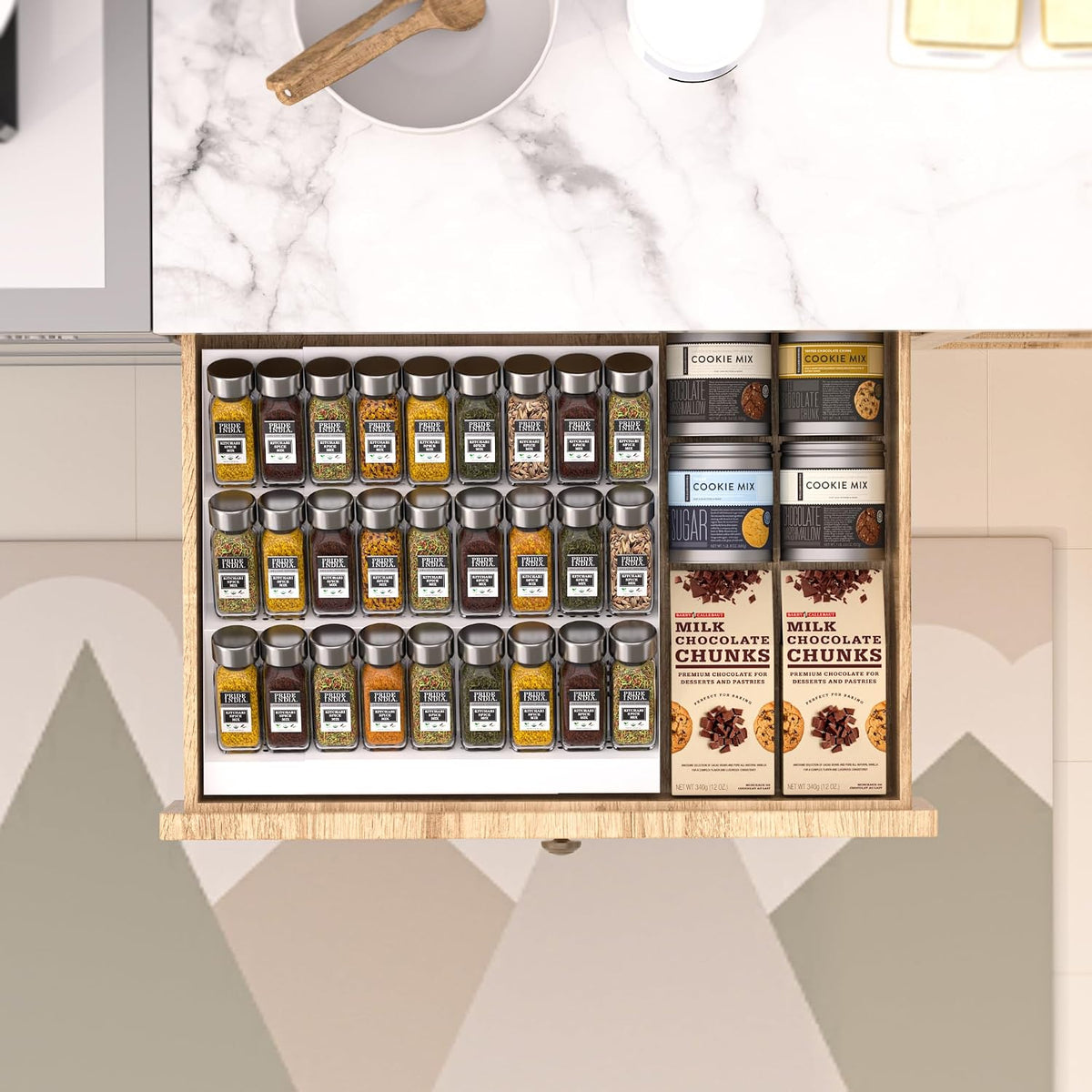 Expandable Metal Spice Drawer Organizer,3-Tier,Slanted Seasoning Jars Tray for Kitchen Cabinet Drawers Insert/Countertop (Jars not included)-3Tier /White