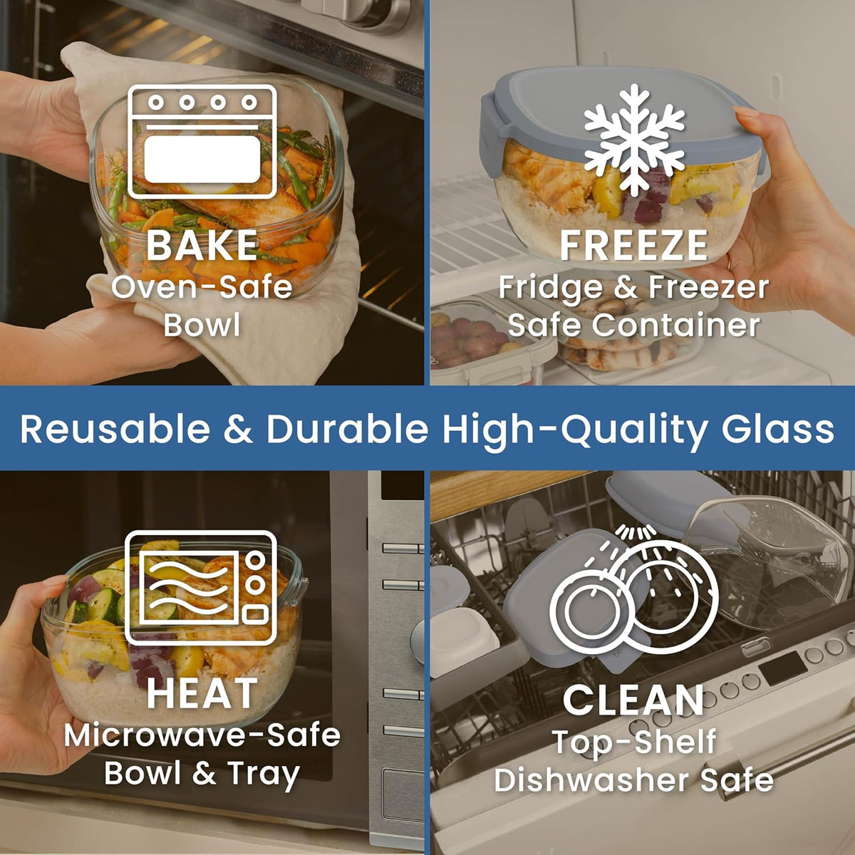 Bentgo Glass Prints Salad Container - 7.6-Cup Tinted Glass Salad Bowl with Airtight Lid, Leak-Proof Sauce Container, 4-Compartment Bento Meal Prep Tray & Reusable Fork (Floral Maximalist - Sea)