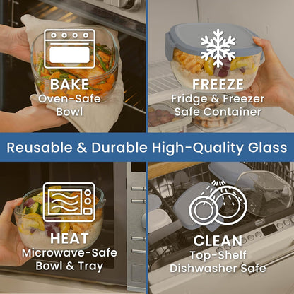 Bentgo Glass Prints Salad Container - 7.6-Cup Tinted Glass Salad Bowl with Airtight Lid, Leak-Proof Sauce Container, 4-Compartment Bento Meal Prep Tray & Reusable Fork (Floral Maximalist - Sea)