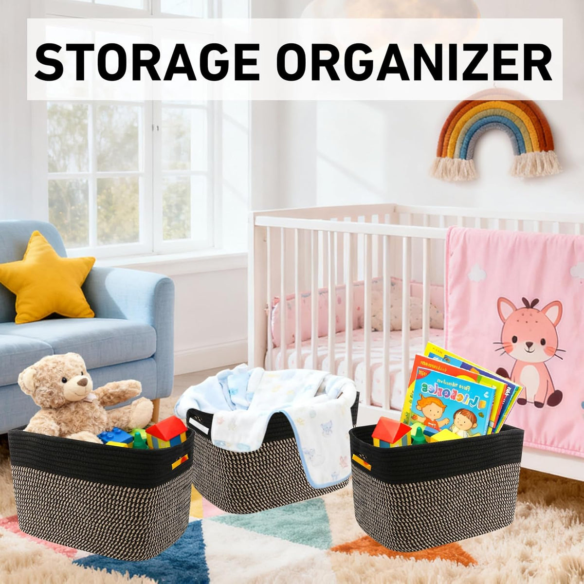 3 Pack Woven Rope Storage Baskets for Shelves,13.5"×11"×9.5" Storage Bins with Handles,Empty Gift Baskets,Nursery Organizer for Toys,Towels,Books,Closet,Living Room,Bedroom (White & Brown)