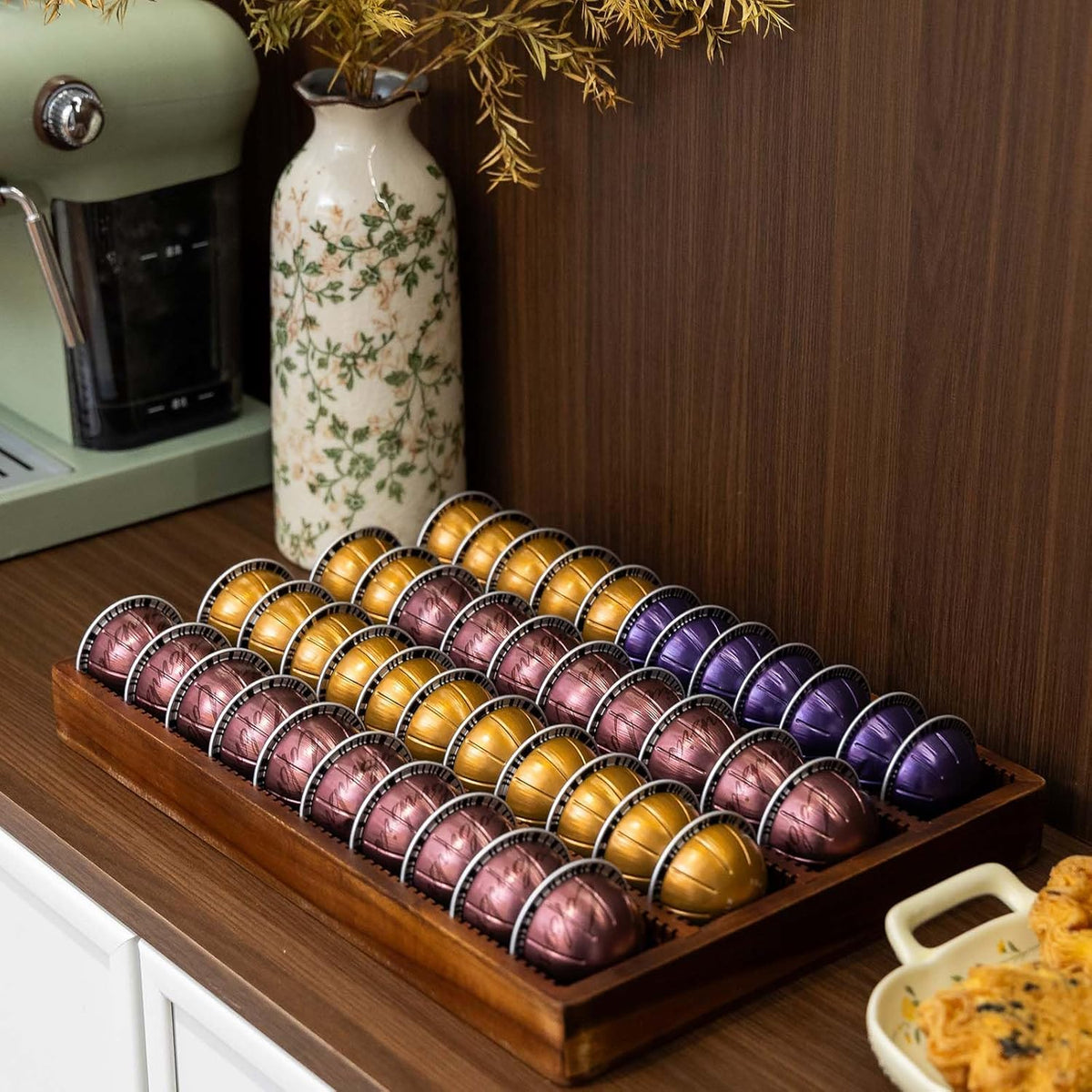 Acacia Wood Coffee Pod Holder Tray Compatible with Nespresso Vertuo, Pods Organizer Drawer Insert, Storage, Stand, Container, Capsule Holder for Coffee Bar Countertop, 40 Big or 60 Small Pods Capacity